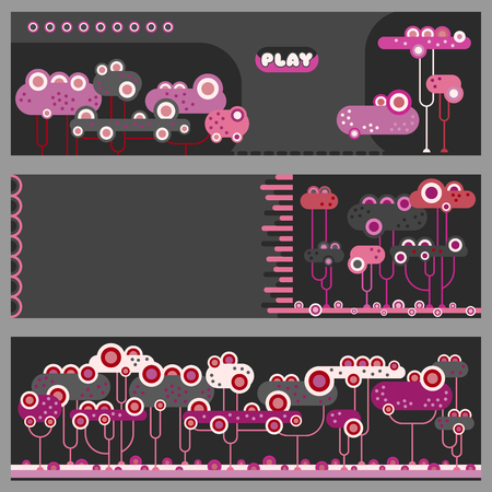 Abstract vector banners with trees at night. Game design template. Vector illustration.のイラスト素材