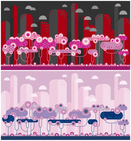Day and night abstract urban landscape. Building architecture and trees, Vector illustration.のイラスト素材