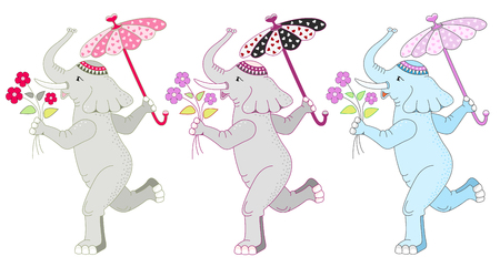 Three cute elephants while dancing. Cartoon style. Vector illustration.のイラスト素材