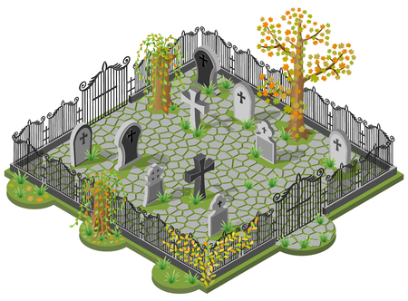 Cemetery in autumn. 3D isometric view. Vector illustration.のイラスト素材
