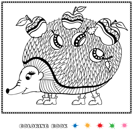 Hedgehog carries apples and plums. Doodle and style. Hand drawn coloring book. Vector illustration.のイラスト素材