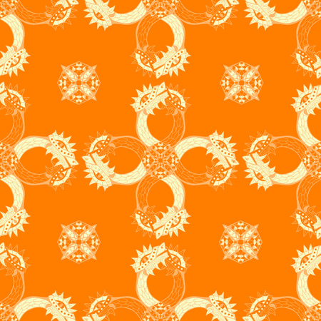 Gold heads of dragon. Circle ornamental seamless pattern. Vector illustration.のイラスト素材