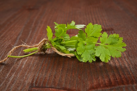 Fresh organic coriander bunch bound with brown twine on brown wooden background. Culinary herb concept.の写真素材