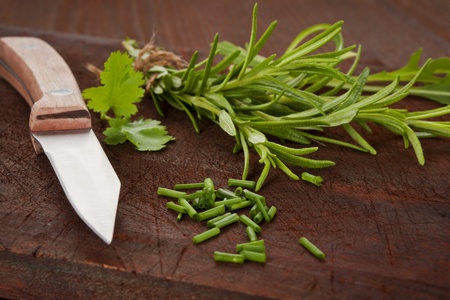 Various culinary organic herbs on dark wooden background with knife. Rosemary, coriander and chive.の写真素材