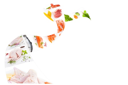Delicious food background with copyspace. Various meat, seafood and vegetable pictures on filmstrip isolated on white. の写真素材