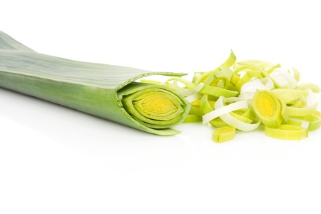 Cut leek isolated on white background  Culinary delicious healthy vegetable background の写真素材