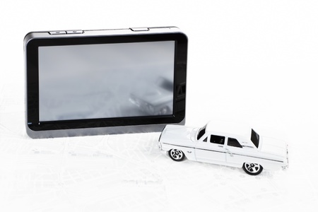 Portable GPS navigation with white muscle car and map  Sat navigation background の写真素材