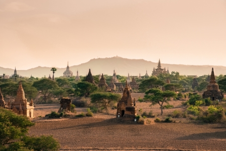 Famous ancient buddhist temples in Bagan, Burma covered in mystic light. Myanmar. Traditional Asian travelling.の写真素材