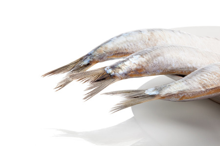 Luxurious seafood background. Fish tails on plate isolated on white background.の写真素材