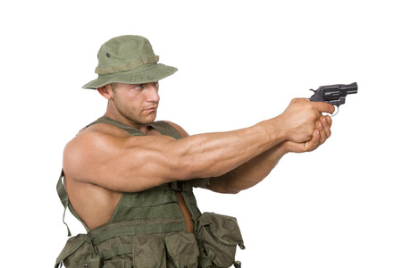 Armed soldier shooting gun isolated on white background. War, army, security and terrorism.