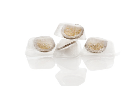 Euro money frozen in ice cubes isolated on white backgroundの写真素材