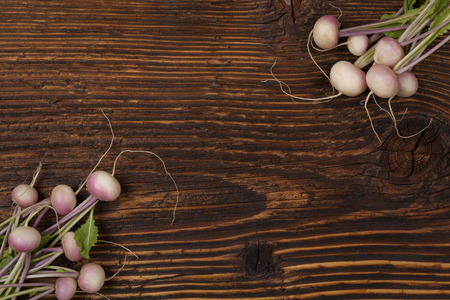 Ripe fresh radish bundle on wooden background.の写真素材