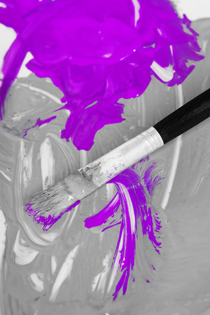 Artistic acryl paint with brush. Modern contemporary abstract art painting with paint brush. の写真素材