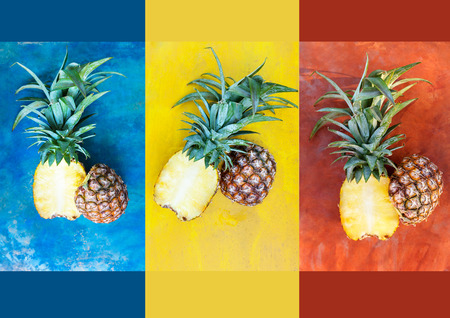 Creative pineapple layout from above. Minimal concept. Tropical fruit eating. の写真素材
