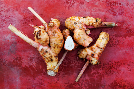 Galangal root from above on red concrete background. Culinary asian herb.の写真素材
