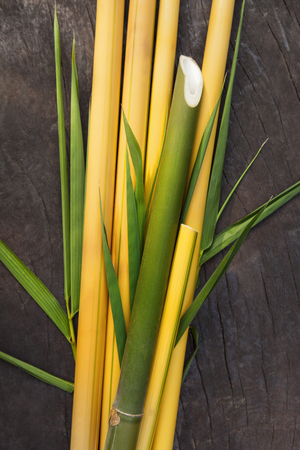Round bamboo sticks with leaves on stone background from above. Ecological raw material.の写真素材
