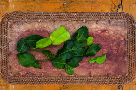 Fresh kaffir lime leaves from above on wooden table flat lay.
