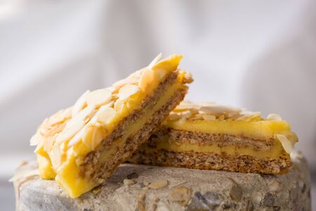 Swedish almond cake. Sweet dessert background with copy space.