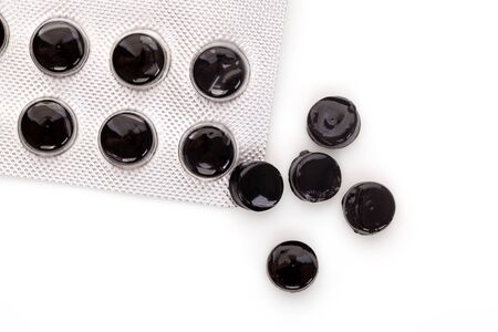 Mumio pills in blister pack from above. Natural medicine, nutritional supplement.