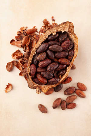 Fresh roasted cocoa beans in pod and peels on beige background. Superfood.
