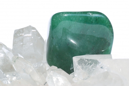 Aventurine gem laid on quartz crystalsの写真素材