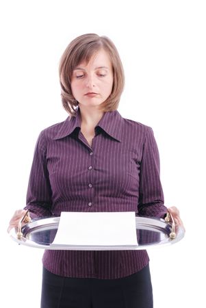 Business woman brings letter with copy space on tray - isolatedの写真素材