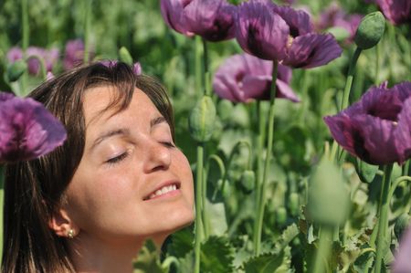 Young woman sunbathing in field of poppies in bloomの写真素材