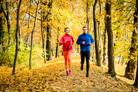 Friends jogging in autumn natureの写真素材