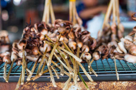Particular of the fresh fish food ina market street in Asia.Grilled octopus with a vivid purple color.の写真素材