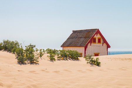 Costa de Caparica is the famous tourist destination, with the typical tiny colorful house, big sandy beaches and the ocean waves in the south of Portugal, near Lisbon.のeditorial素材