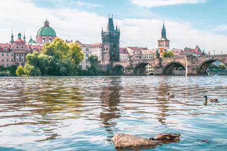 Scenic view of historical center Prague, Charles bridge, and buildings of the old town, Prague. Cityscape of the bridge upon the river. As the only means of crossing the river Vltava until 1841.のeditorial素材