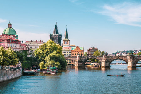 Scenic view of historical center Prague, Charles bridge, and buildings of the old town, Prague. Cityscape of the bridge upon the river. As the only means of crossing the river Vltava until 1841.のeditorial素材