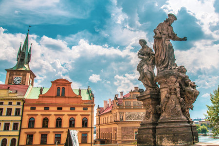 Scenic view of historical center Prague, Charles bridge, and buildings of the old town, Prague. Cityscape of the bridge upon the river. As the only means of crossing the river Vltava until 1841.のeditorial素材