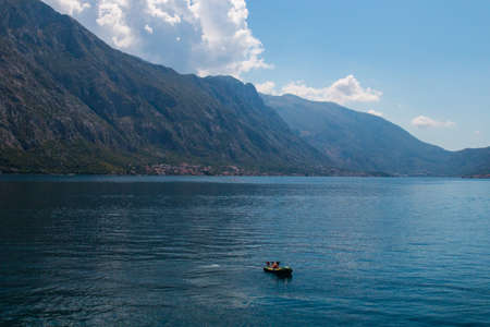 Bay of Kotor from the heights. View from Mount Lovcen to the bay. View down from the observation platform on the mountain Lovcen. Mountains and bay in Montenegro. The liner near the old town of Kotor.の写真素材