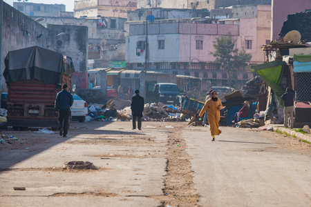 Casablanca, Morocco: 09/10/2019: one of the main street in the city center of Morocco. the streets are crowd, full of people and street markets. People in the city center of Casablanca in a sunny day.のeditorial素材