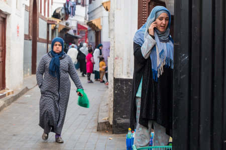 Casablanca, Morocco: 09/10/2019: one of the main street in the city center of Morocco. the streets are crowd, full of people and street markets. People in the city center of Casablanca in a sunny day.のeditorial素材