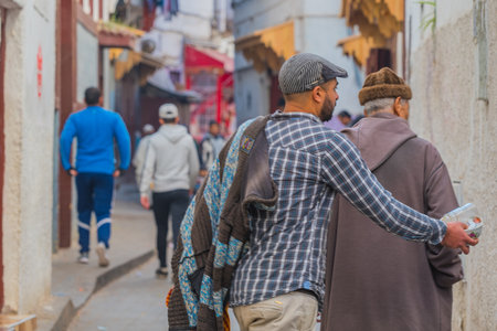 Casablanca, Morocco: 09/10/2019: one of the main street in the city center of Morocco. the streets are crowd, full of people and street markets. People in the city center of Casablanca in a sunny day.のeditorial素材