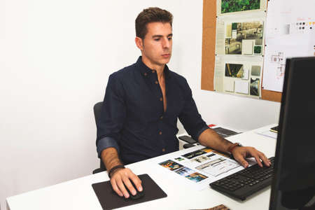 A group of three architects talking and discussing about making decision in a fancy elegant office....