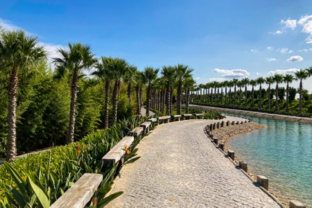 Lisbon / Portugal: 10/09/2020: Amazing view of the buddha garden with a composition of different sculptures in brass or stone. more in asian style, other in greek style.のeditorial素材