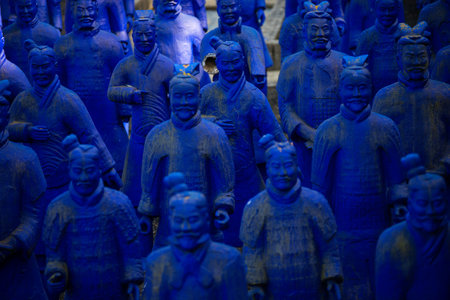 Lisbon - Portugal: 03/09/2020 A copy of The Terracotta Army, collection of terracotta sculptures, in blue color color in the buddha Garden, BacalhÃ´a Buddha Eden, asian style garden.のeditorial素材