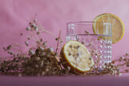 Alcohol drink (gin and tonic cocktail) garnished with lemon fruit and flower isolated on pink background. Iced cocktail drink with lemon and herbs.の写真素材