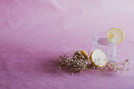 Alcohol drink (gin and tonic cocktail) garnished with lemon fruit and flower isolated on pink...