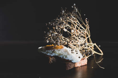 Homemade meal, Organic tasty cooked eggs for healthy breakfast on wood dark background and flowers in a vintage artistic composition. Simple food composition.の写真素材