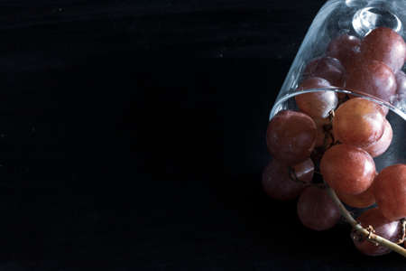 Red grapes, large bunch of fruits, fresh and tasty simple food on a dark background in a fancy minimal compositionの写真素材