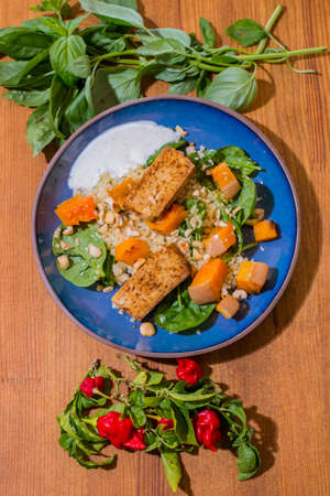 Healthy plate with fried vegetarian tofu and greek halloumi with grilled vegetables and yogurt sauce. Mediterranean food dishes with oriental couscous. Lemons and hot peppers around in decorative wayの写真素材