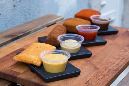 Different type pf simple american fried food on an wooden background. Chicken dishes. meatballs,chicken breast, mozzarella, wings. Different food. A variety of meat dishes in a minimal composition.の写真素材