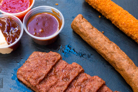 different fried meat. Different types of pork meat steak, chicken fillet and beef sausage with some...