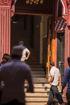 COLOMBO, SRI LANKA - 03-04-2019 : The decorative red-and-white facade of Jamiul Alfar Mosque, Red...