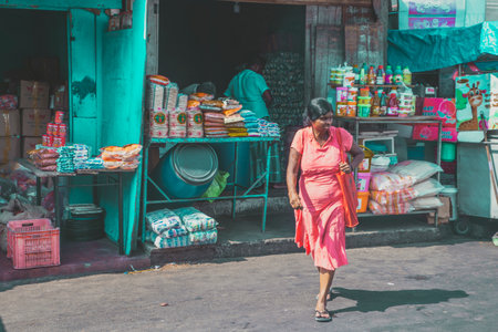 COLOMBO, SRI LANKA - APRIL 03, 2019: Street near the Pettah Market or Manning Market. Pettah Market located in the suburb of Pettah in Colombo, Sri Lankaのeditorial素材