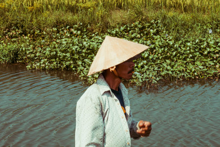 Phu Yen, Vietnam, 09-03-2018, Farmers on the way to work throug paddy fields in rural countryside Vietnam. Rice production in Vietnam in the Mekong and Red River deltas is important to the food supplyのeditorial素材